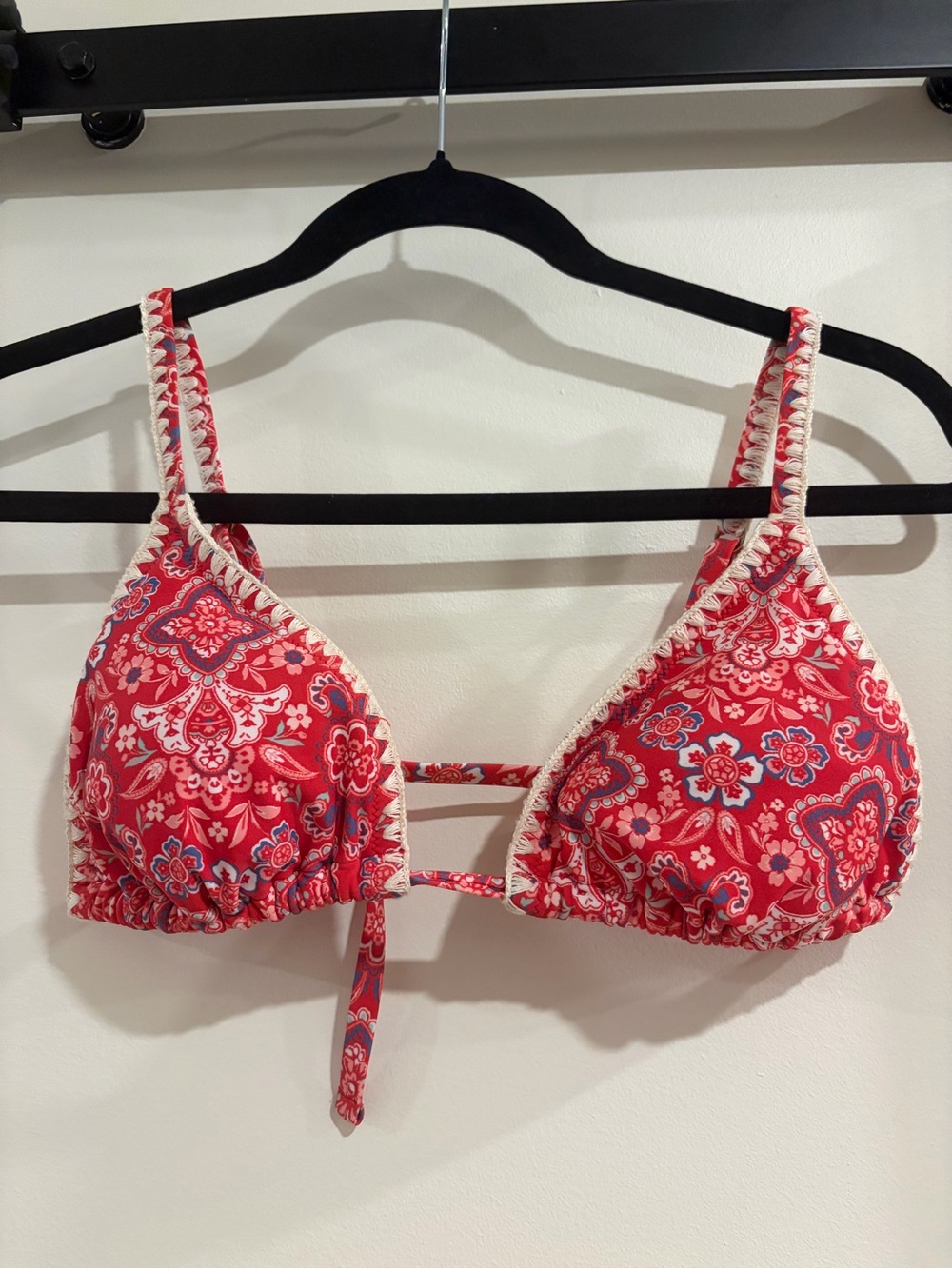 Hollister Red Paisley Triangle Bikini Top with Cream Trim